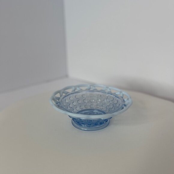Vintage Imperial Glass Open Lace Edge Button & Sugar Katy Blue Opalescent Dish - Picture 5 of 9